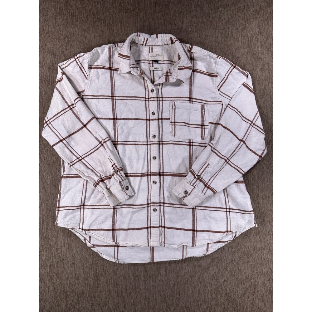 Universal Thread Relaxed Fit Flannel Shirt White Brown Plaid XL Button Down
